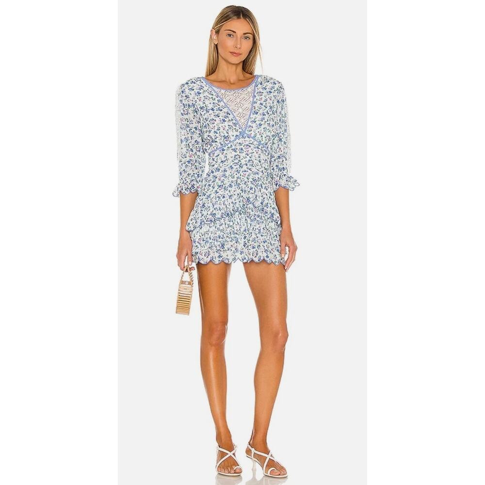 LoveShackFancy Marquise Floral Cotton Mini Dress Blue Jay Song White Size 8